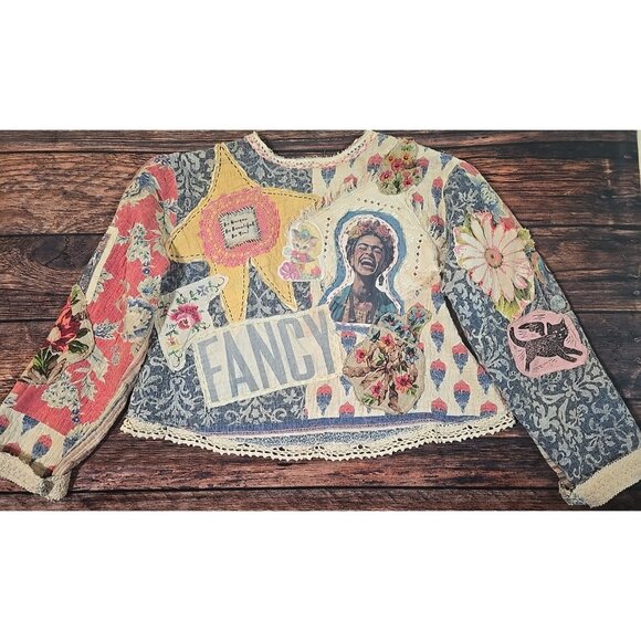 OOAK Magnolia Boho Quilted Jacket Frida Cat Bird Gypsy Patchwork Vtg INDIE sz L - Picture 2 of 16